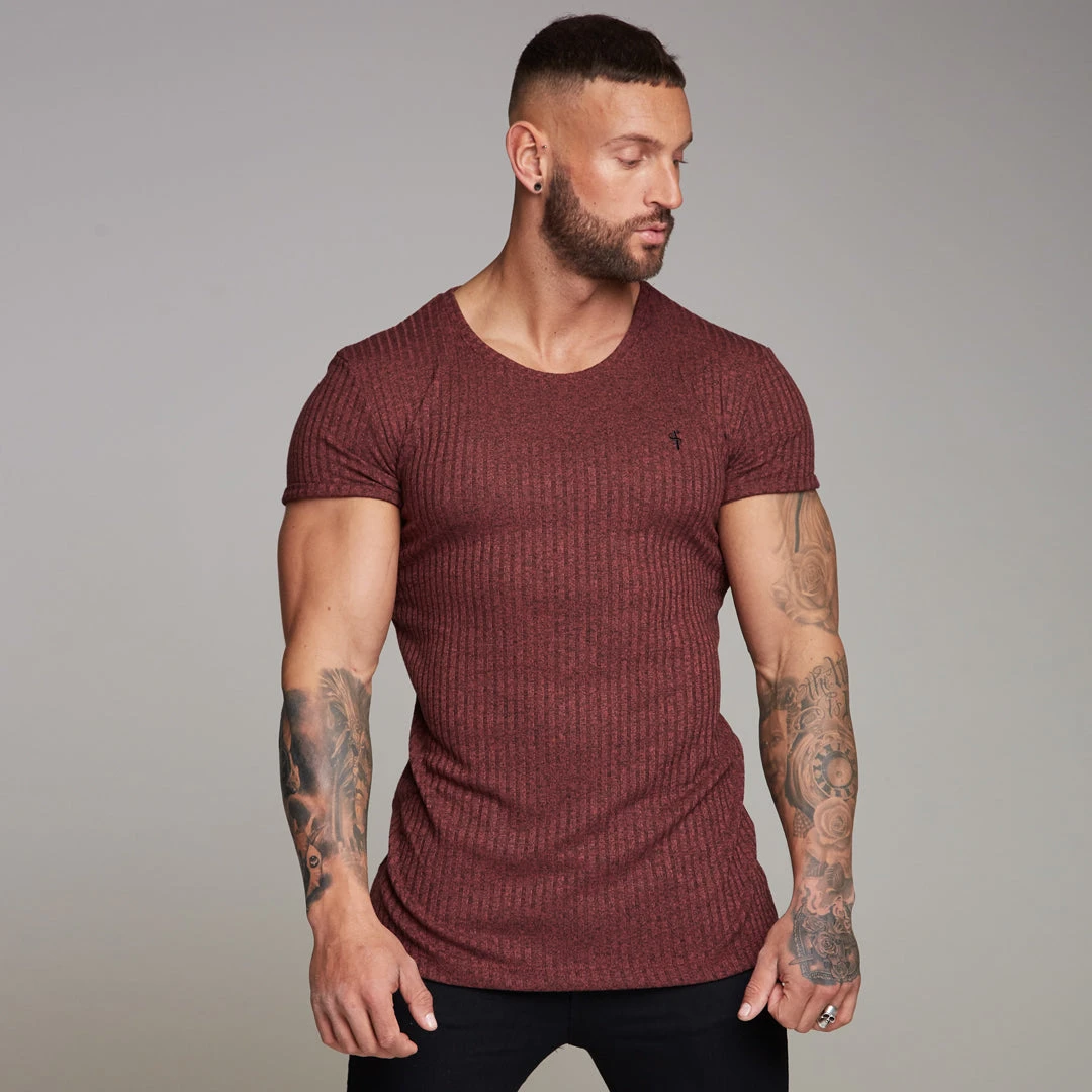 Father Sons Classic Burgundy Ribbed Knit Super Slim Long Line Crew - FSH170 - Image 8