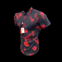 Father Sons Super Slim Stretch Black And Red Floral Print Short Sleeve With Button Down Collar - FS767