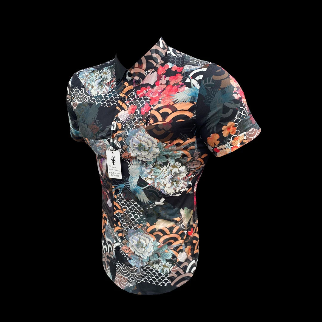 Father Sons Super Slim Stretch Multi Oriental Print Short Sleeve With Button Down Collar - FS766 - Image 4