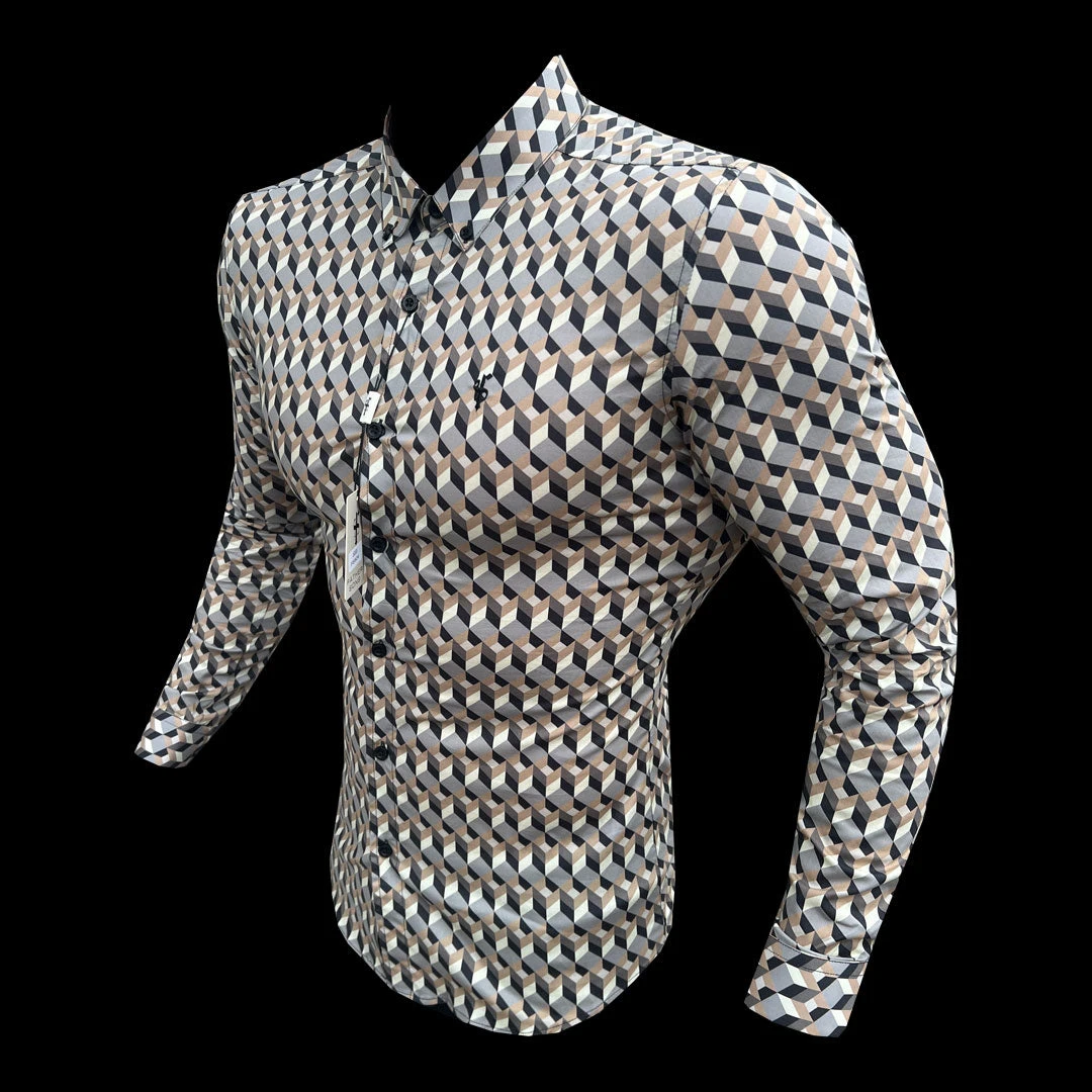 Father Sons Super Slim Stretch Grey / Beige Chevron Print Long Sleeve With Button Down Collar - FS904 - Image 3