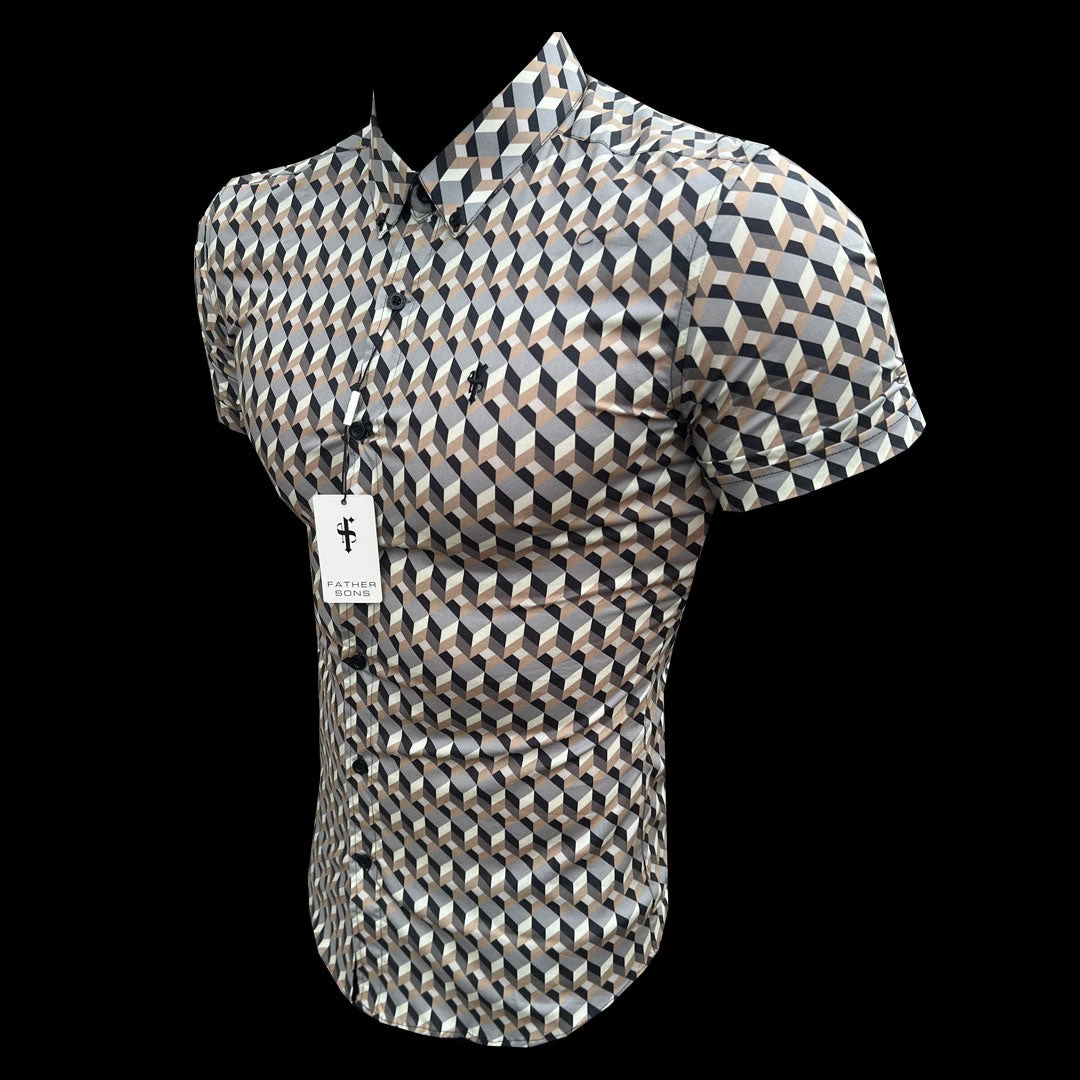 Father Sons Super Slim Stretch Grey / Beige Chevron Print Short Sleeve With Button Down Collar - FS905 - Image 3