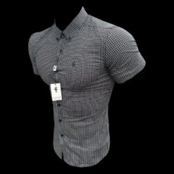 Father Sons Super Slim Stretch Black Vintage Ditsy Print Short Sleeve With Button Down Collar - FS909