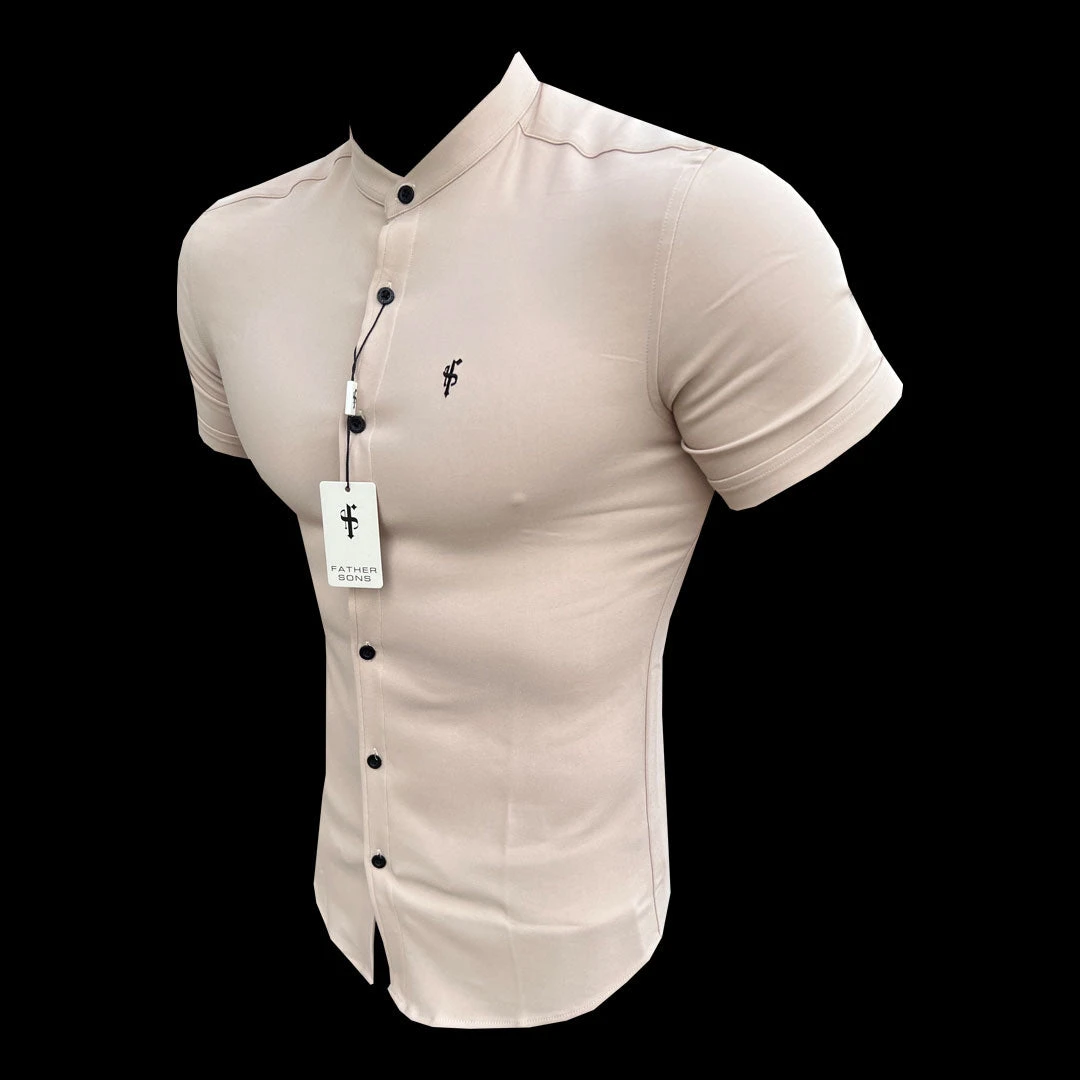 Father Sons Super Slim Scuba Beige Short Sleeve Stretch With Grandad Collar - FS940 - Image 3