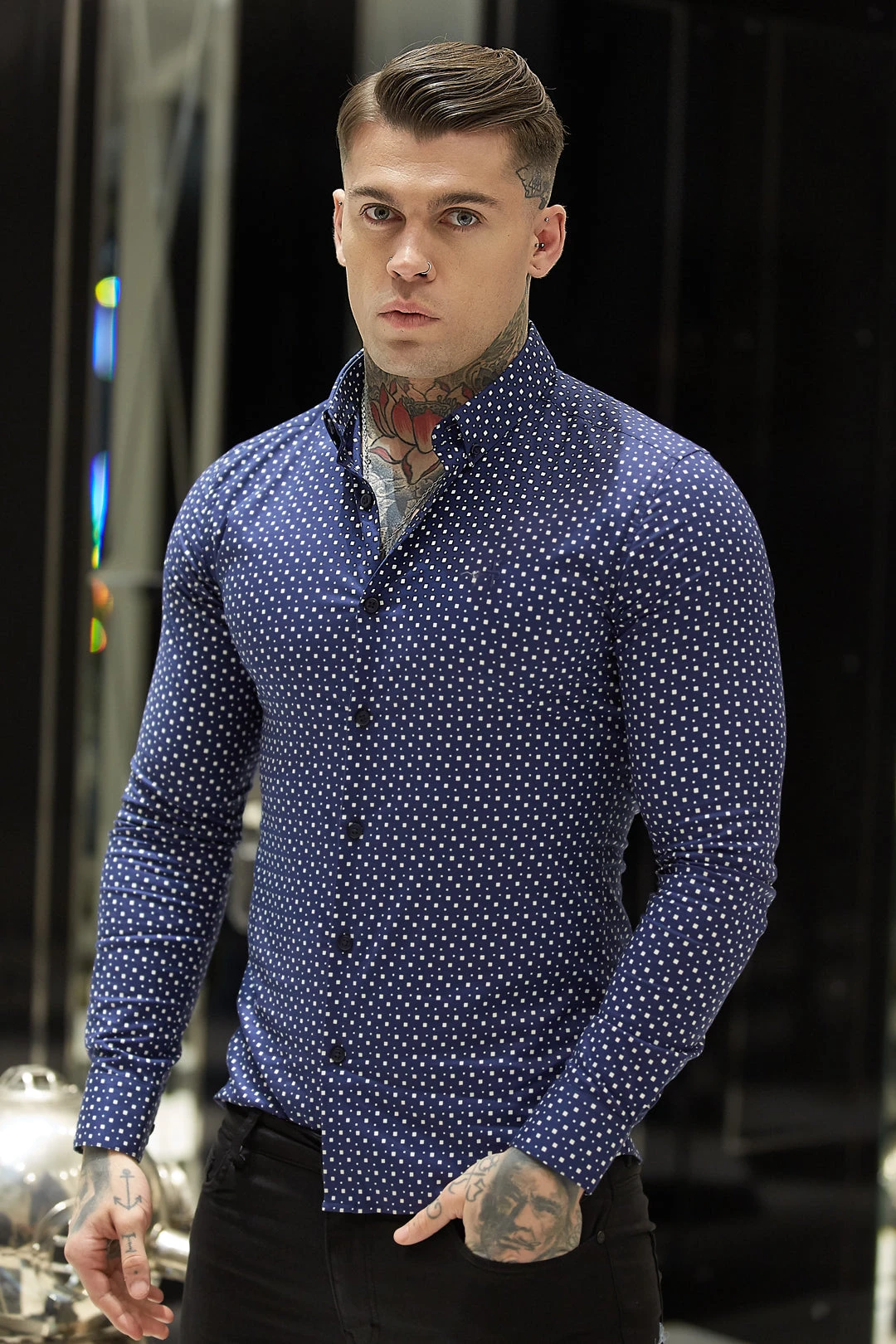 Father Sons Super Slim Stretch Blue & White Multi Square Print Long Sleeve - FS667 - Image 9