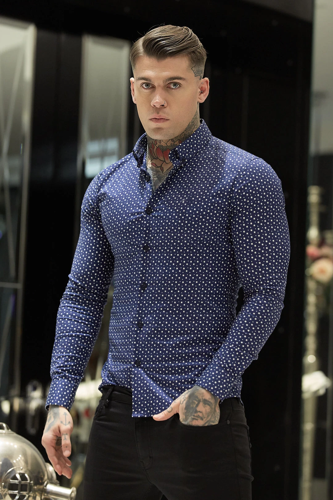 Father Sons Super Slim Stretch Blue & White Multi Square Print Long Sleeve - FS667 - Image 4