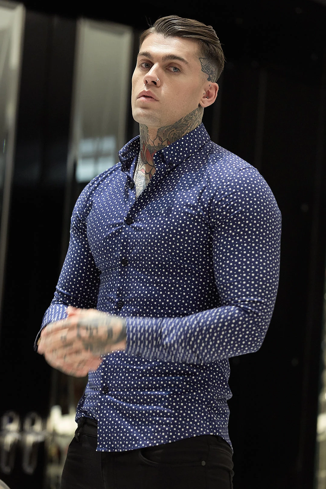 Father Sons Super Slim Stretch Blue & White Multi Square Print Long Sleeve - FS667 - Image 6