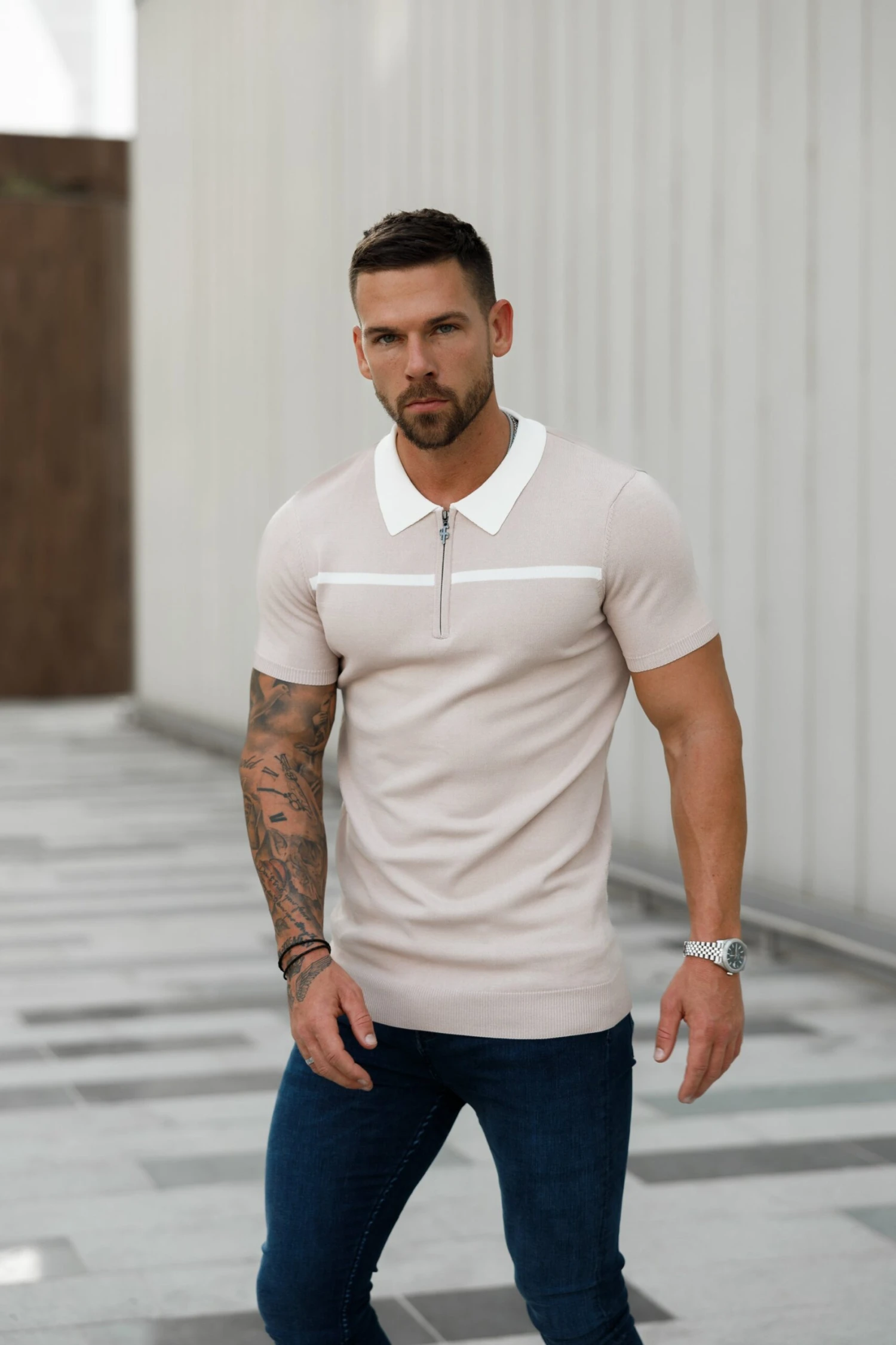Father Sons Classic Beige / White Horizontal Stripe Zipped Polo Short Sleeve - FSN041 - Image 9