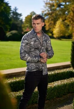 Father Sons Super Slim Stretch Grey / Black Peacock Print Long Sleeve With Button Down Collar - FS912