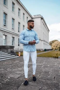 Father Sons Super Slim Stretch White & Navy Stripe (Red Emblem) - FS513