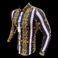 Father Sons Super Slim Stretch Black / Gold / Purple Stripe Print Long Sleeve With Button Down Collar - FS810