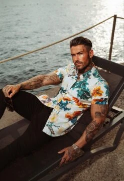 Father Sons Super Slim Stretch Ecru With Vibrant Floral Print Short Sleeve With Button Down Collar - FS865