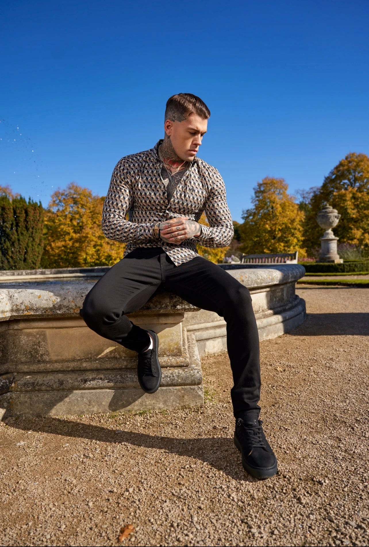 Father Sons Super Slim Stretch Grey / Beige Chevron Print Long Sleeve With Button Down Collar - FS904 - Image 8