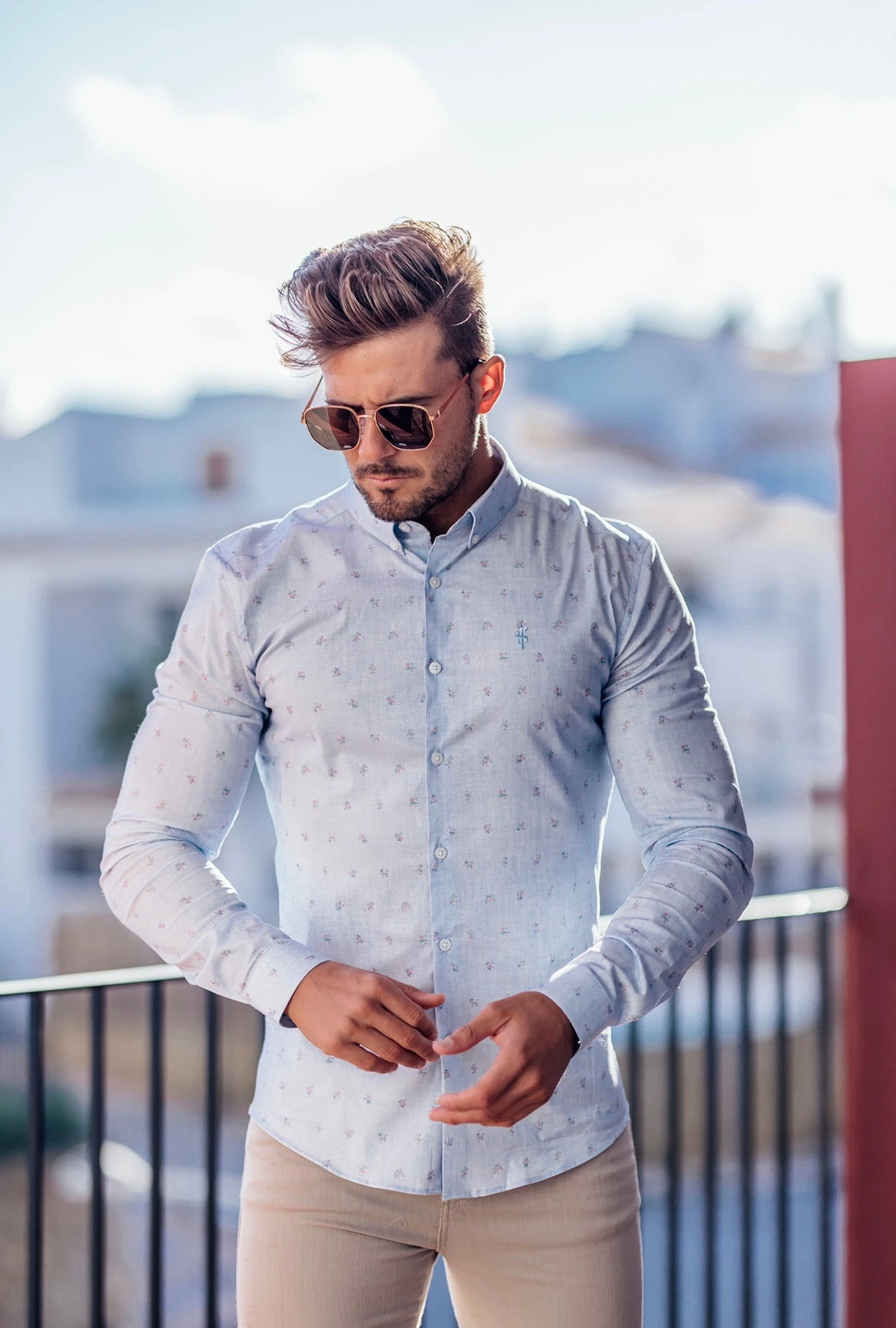 Father Sons Super Slim Stretch Light Blue Multi Floral Print Long Sleeve - FS668 - Image 3