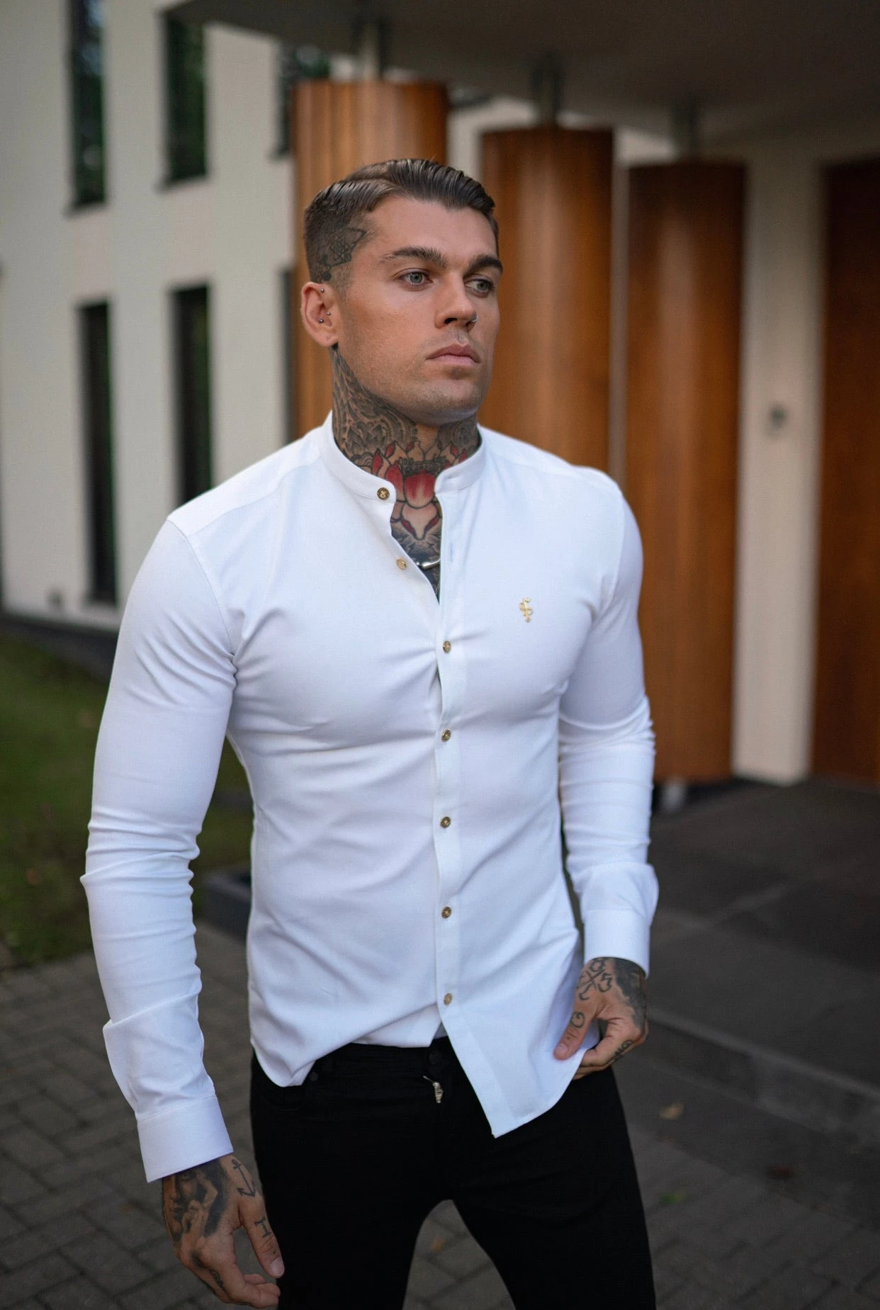 Father Sons Super Slim Stretch White Denim Long Sleeve Grandad Collar With Metal Buttons And Decal Emblem - FS719 - Image 14
