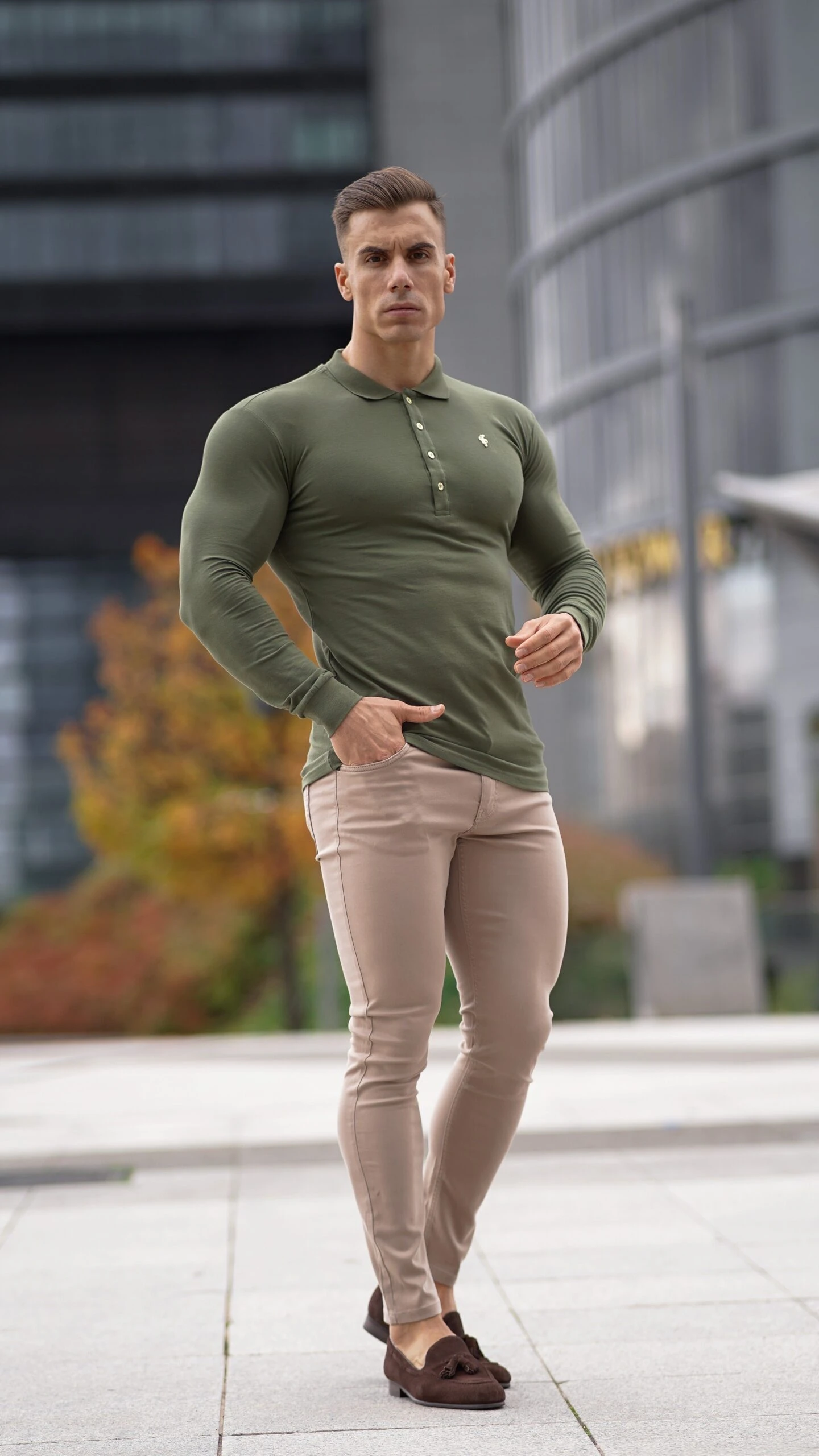 Father Sons Classic Khaki Long Sleeve Polo Shirt With Gold Metal Emblem Decal & Buttons - FSH513 - Image 4