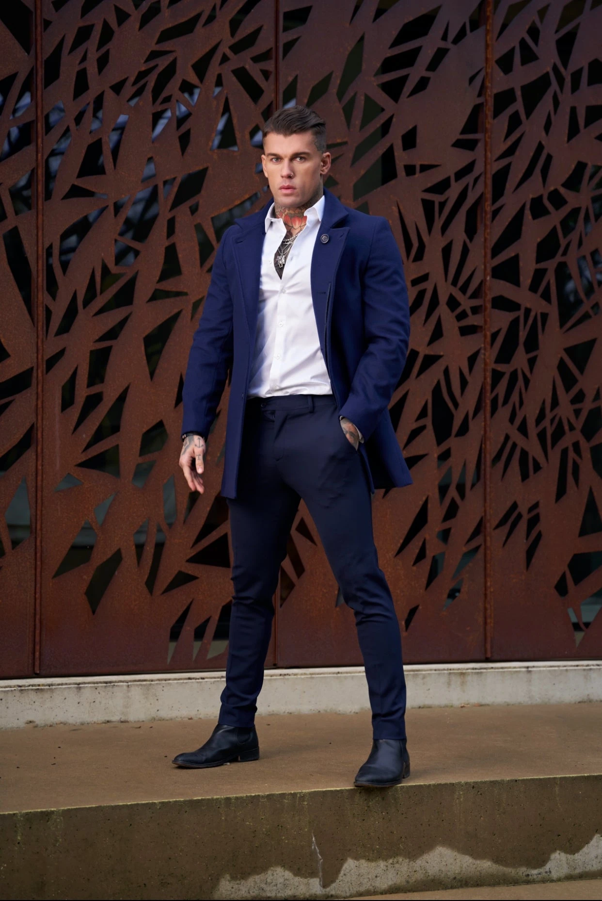 Father Sons Slim Cashmere Funnel Neck Coat Navy - FSCOAT003 - Image 3