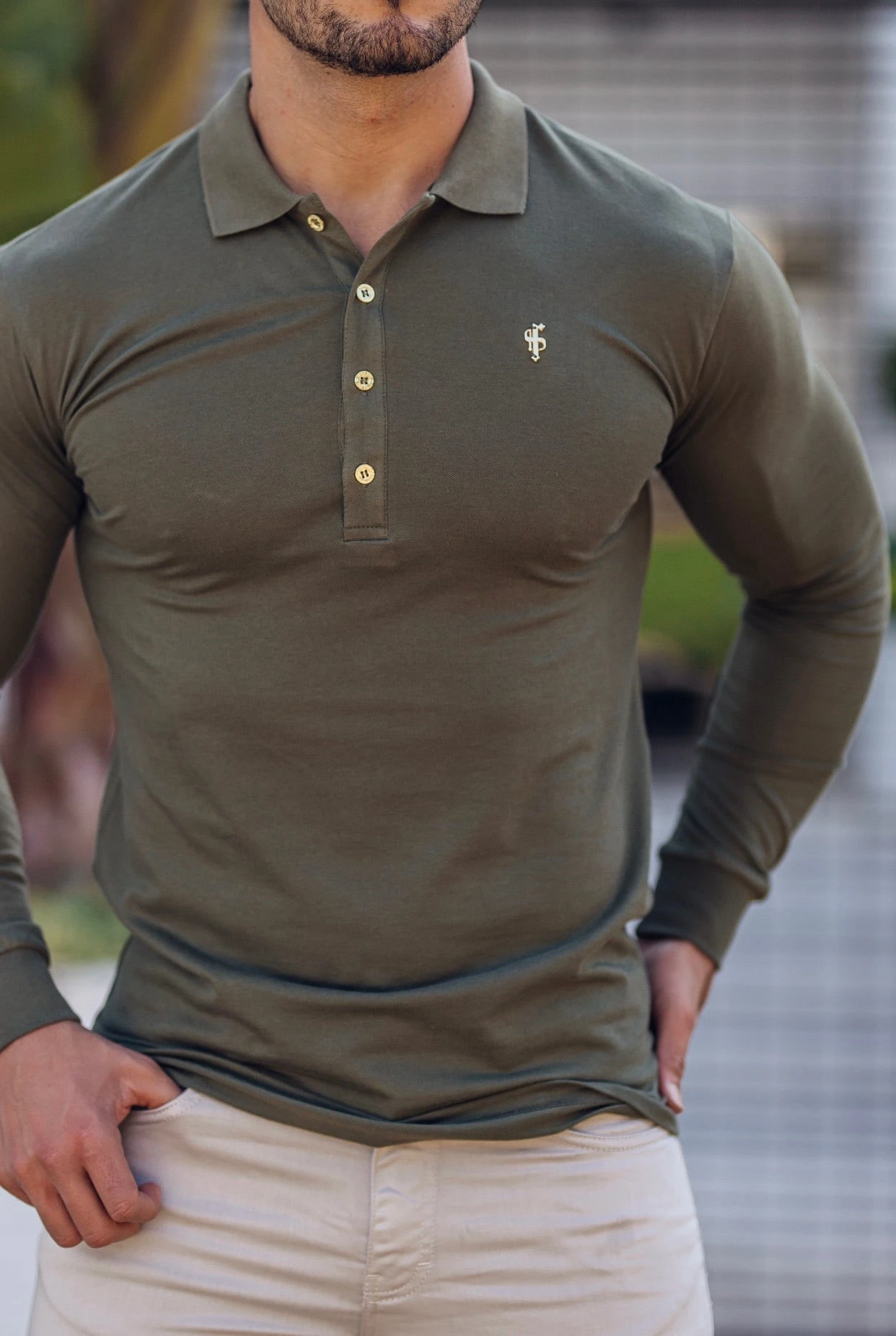 Father Sons Classic Khaki Long Sleeve Polo Shirt With Gold Metal Emblem Decal & Buttons - FSH513 - Image 3