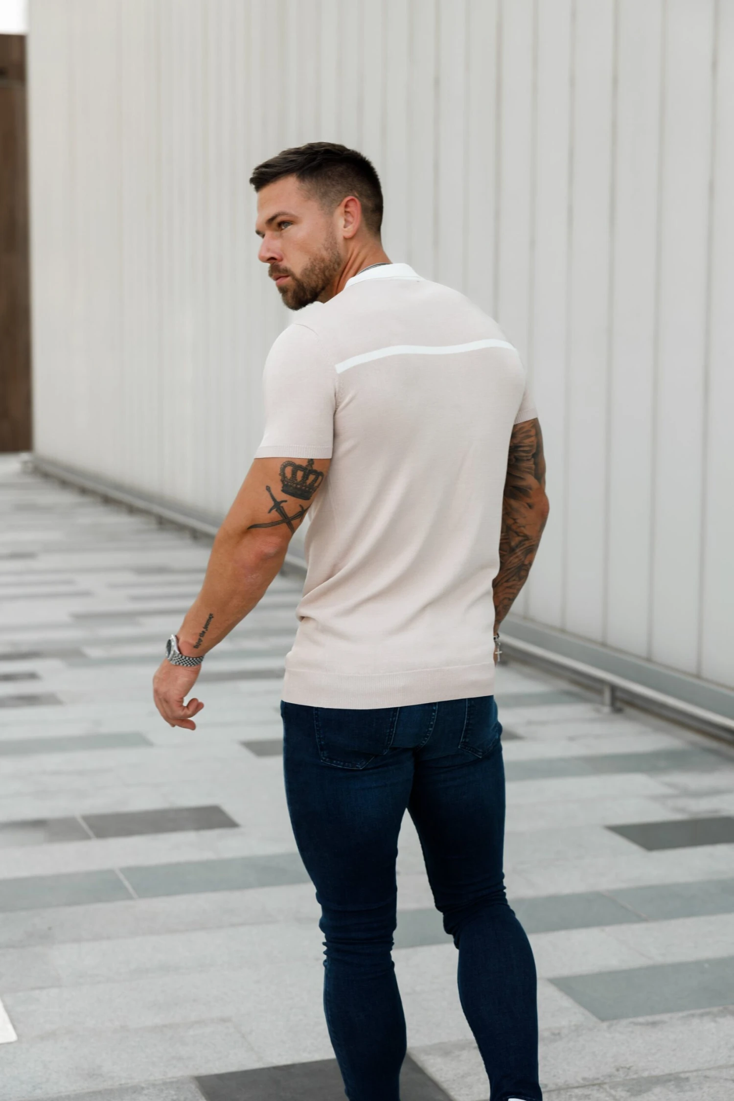 Father Sons Classic Beige / White Horizontal Stripe Zipped Polo Short Sleeve - FSN041 - Image 8