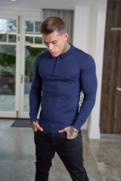 Father Sons Classic Navy Merino Wool Knitted Zip Polo Long Sleeve Jumper With FS Embroidery- FSN007