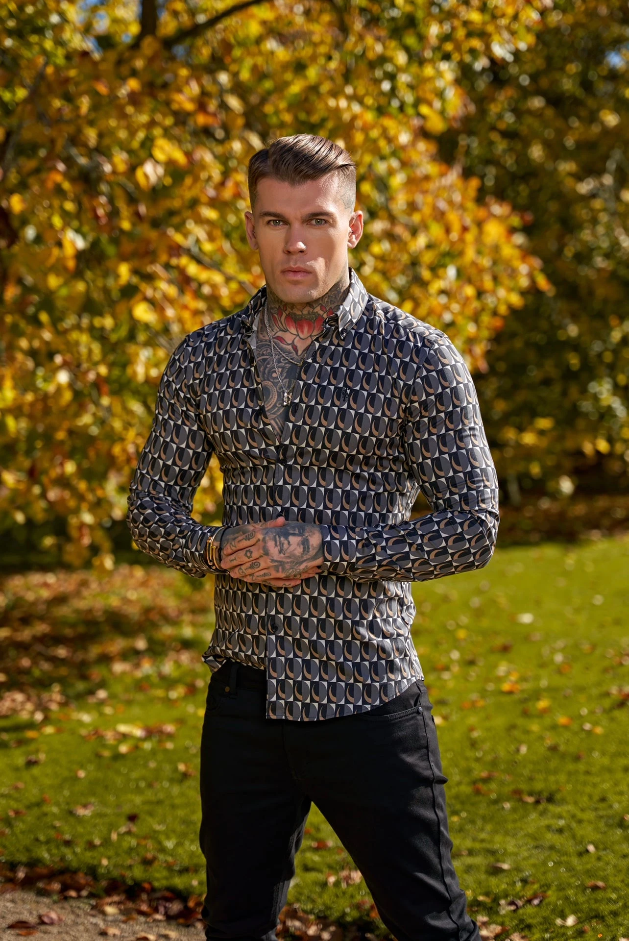 Father Sons Super Slim Stretch Black Multi Retro Print Long Sleeve With Button Down Collar - FS910 - Image 10