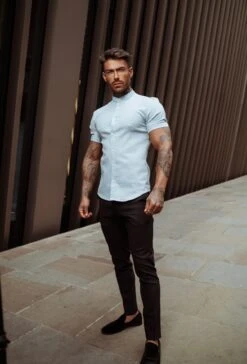 Father Sons Super Slim Stretch Classic Oxford Light Blue Short Sleeve With Grandad Collar - FS937