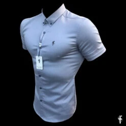 Father Sons Super Slim Stretch Grey Denim Short Sleeve With Metal Decal Emblem - FS639