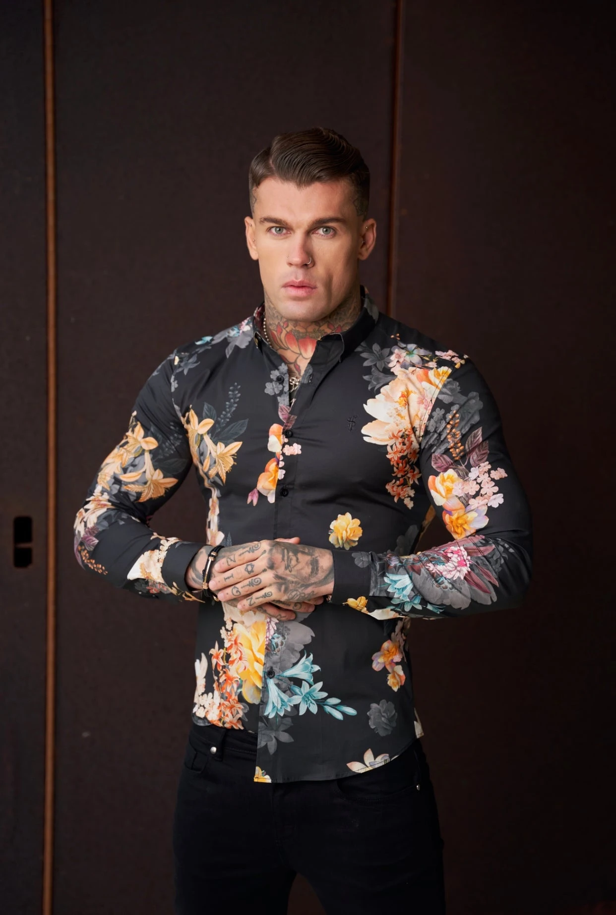Father Sons Super Slim Stretch Black Mixed Lily Floral Print Long Sleeve With Button Down Collar - FS854 - Image 2