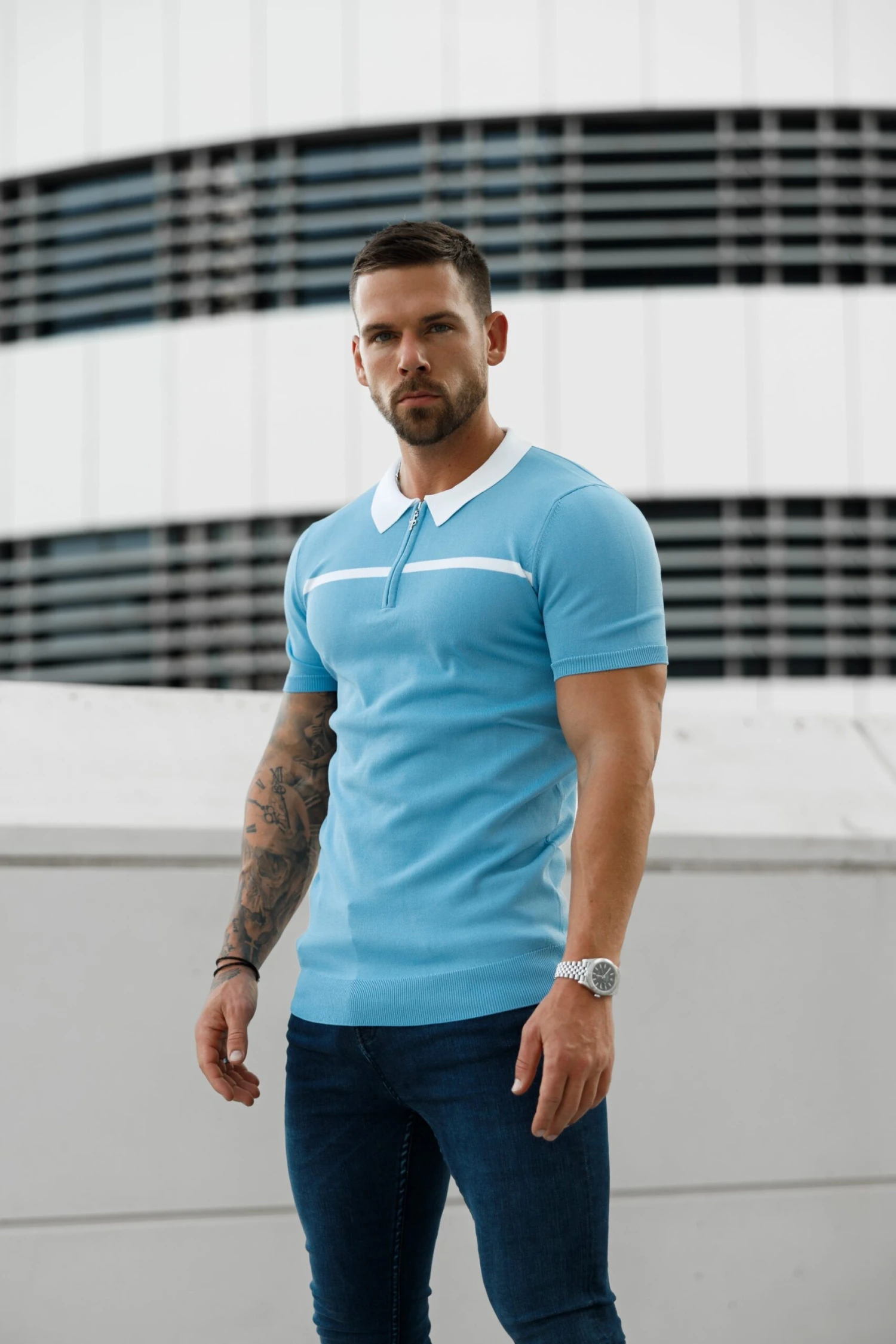 Father Sons Classic Sky Blue / White Horizontal Stripe Zipped Polo Short Sleeve - FSN058 - Image 9