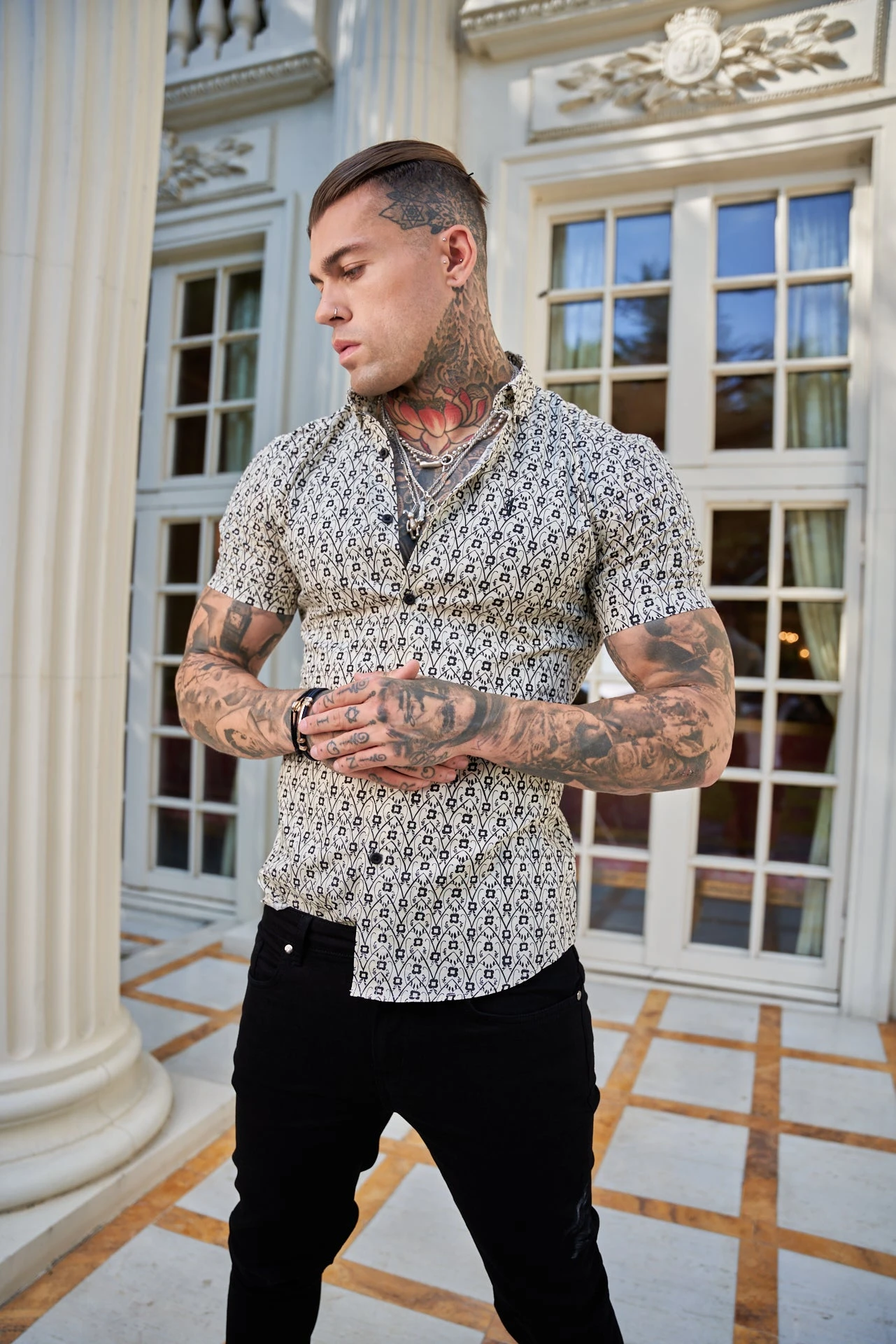 Father Sons Super Slim Stretch Ecru / Black Geo Flower Print Short Sleeve With Button Down Collar - FS788 - Image 15