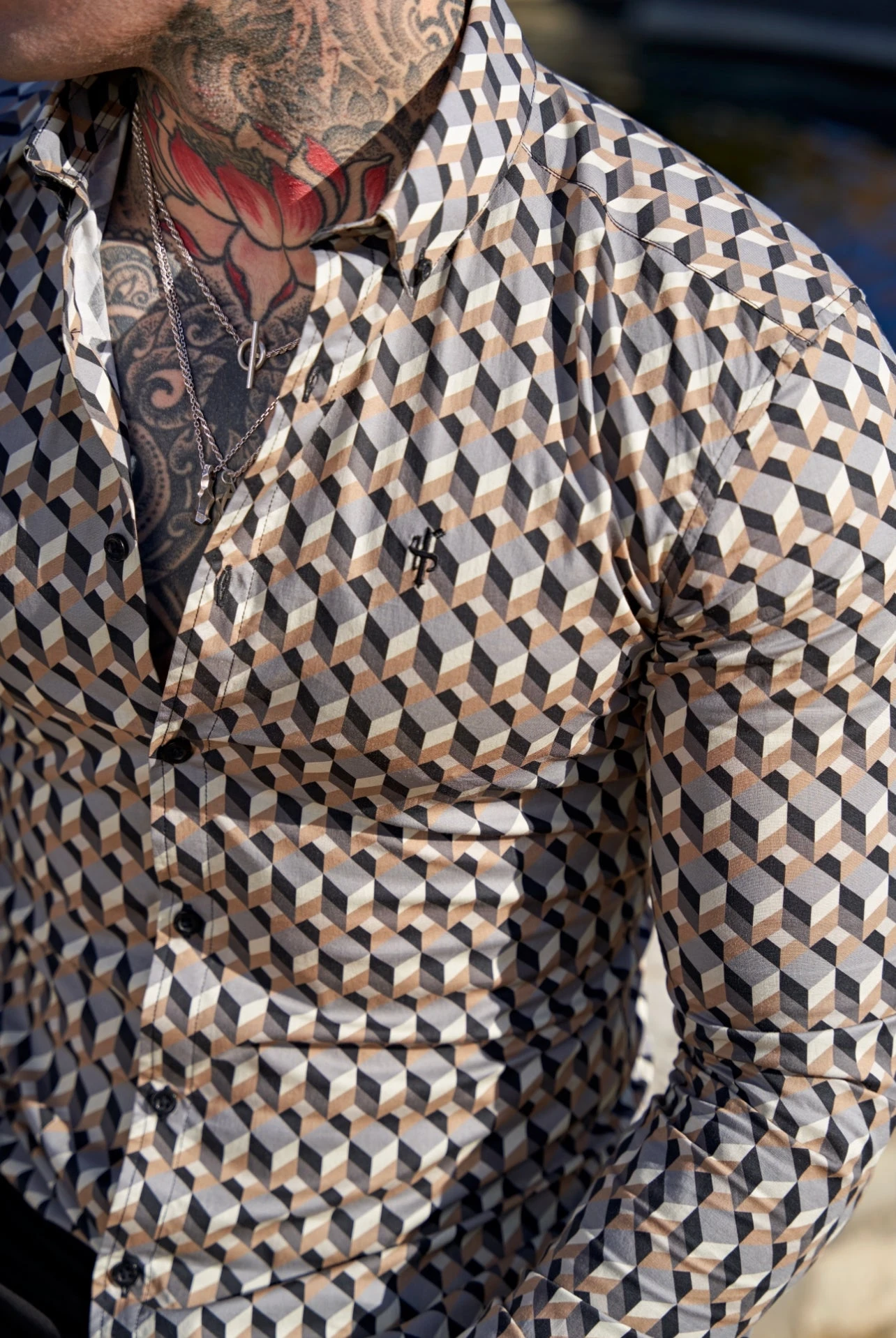 Father Sons Super Slim Stretch Grey / Beige Chevron Print Long Sleeve With Button Down Collar - FS904 - Image 4