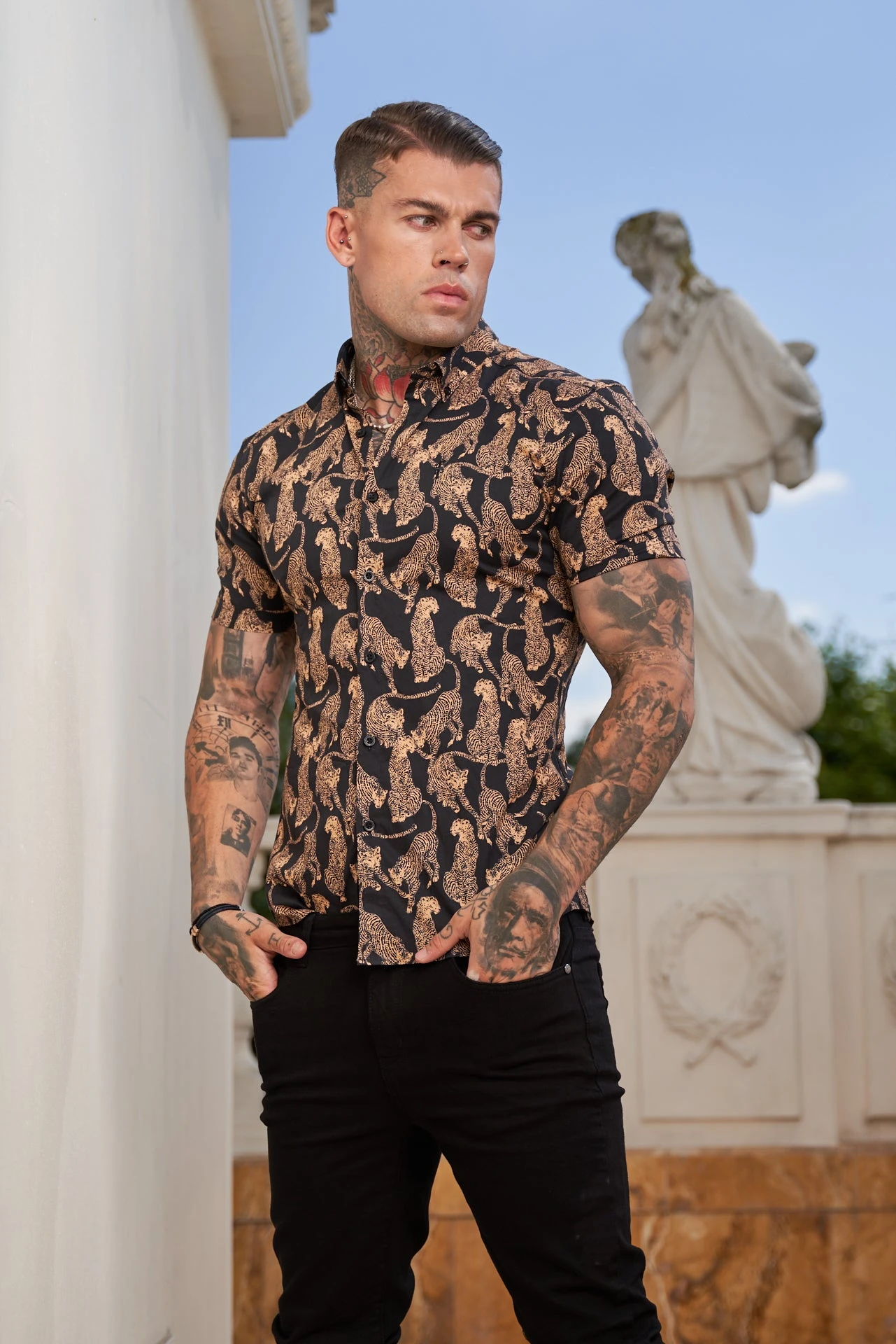 Father Sons Super Slim Stretch Black / Tan Cheetah Print Short Sleeve With Button Down Collar - FS789 - Image 2