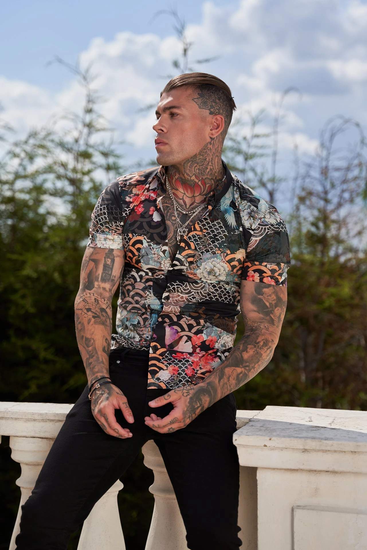 Father Sons Super Slim Stretch Multi Oriental Print Short Sleeve With Button Down Collar - FS766 - Image 5
