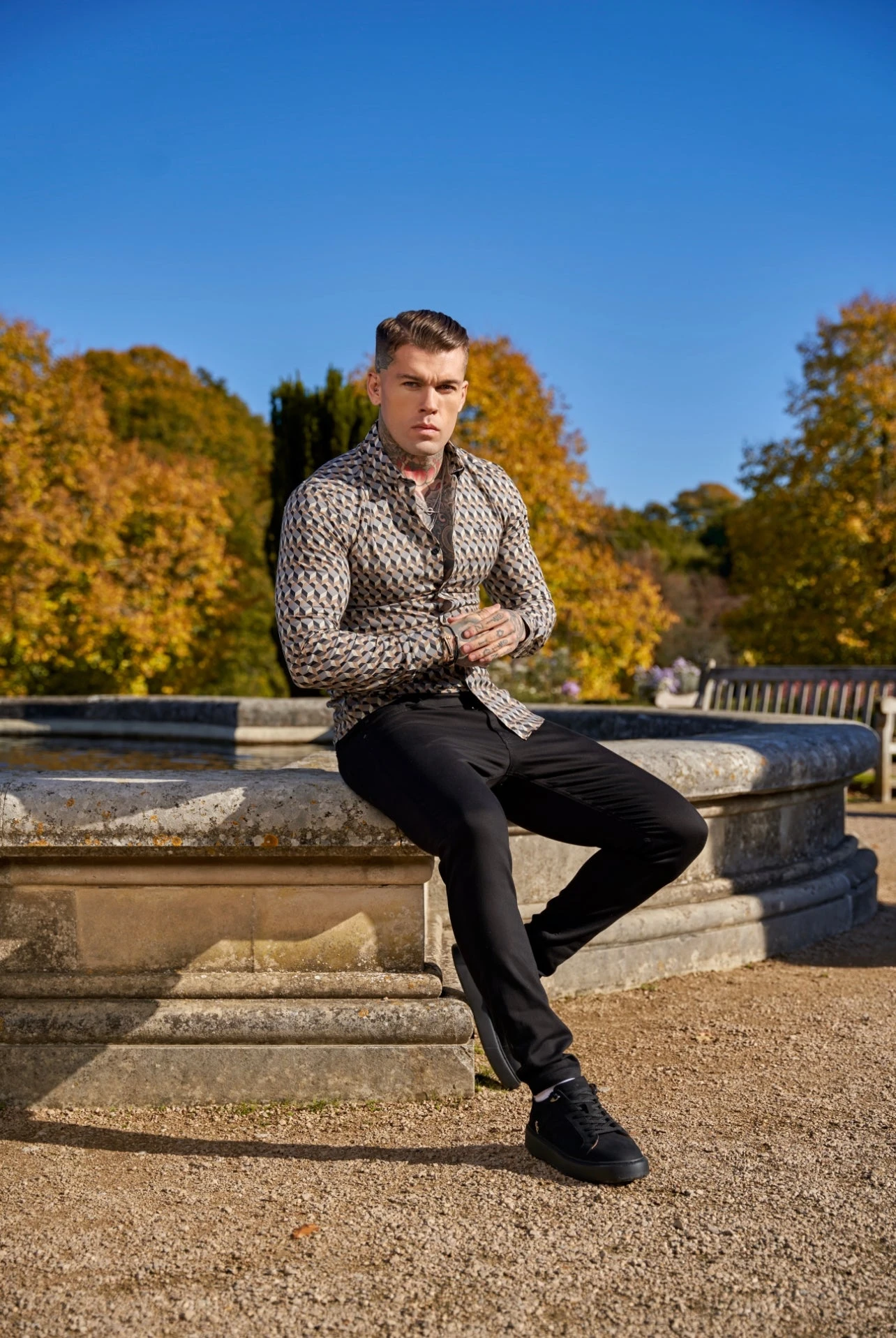 Father Sons Super Slim Stretch Grey / Beige Chevron Print Long Sleeve With Button Down Collar - FS904 - Image 7