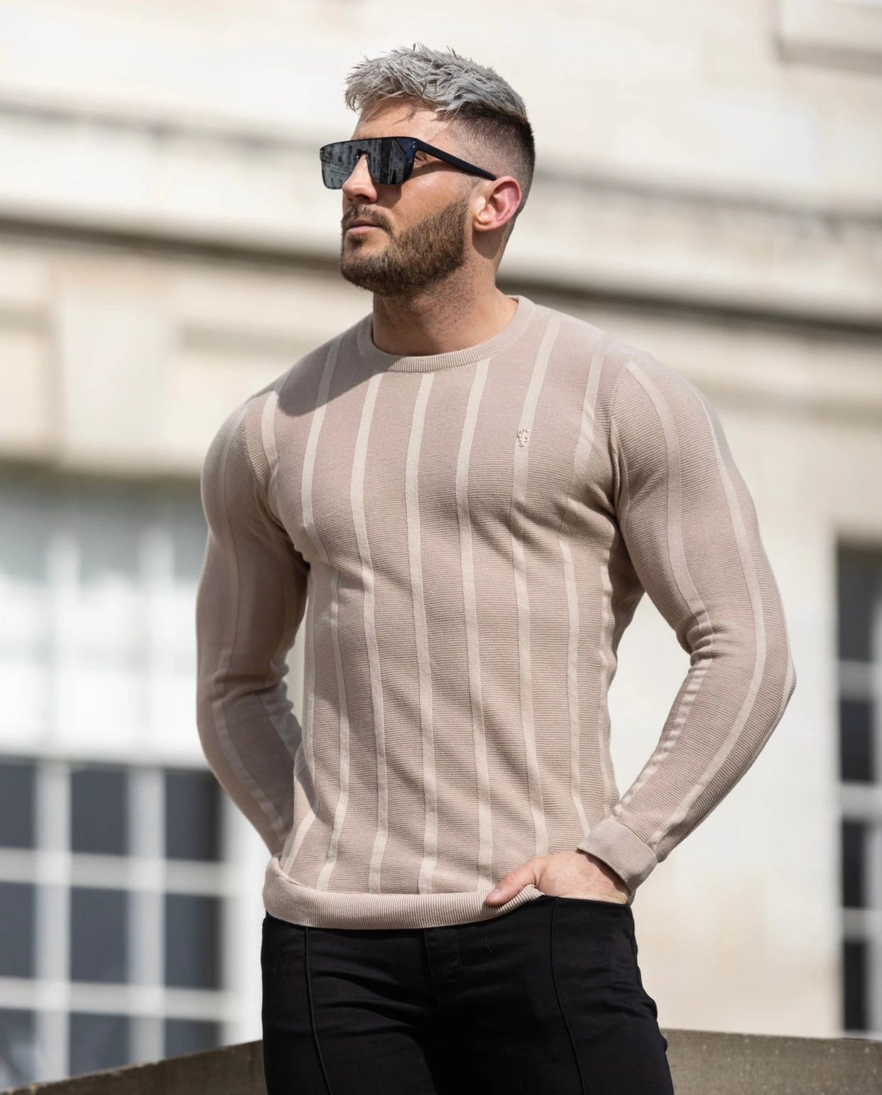 Father Sons Classic Long Sleeve Oatmeal Knitted Wide Rib Crew With Gold Emblem - FSH740 - Image 3