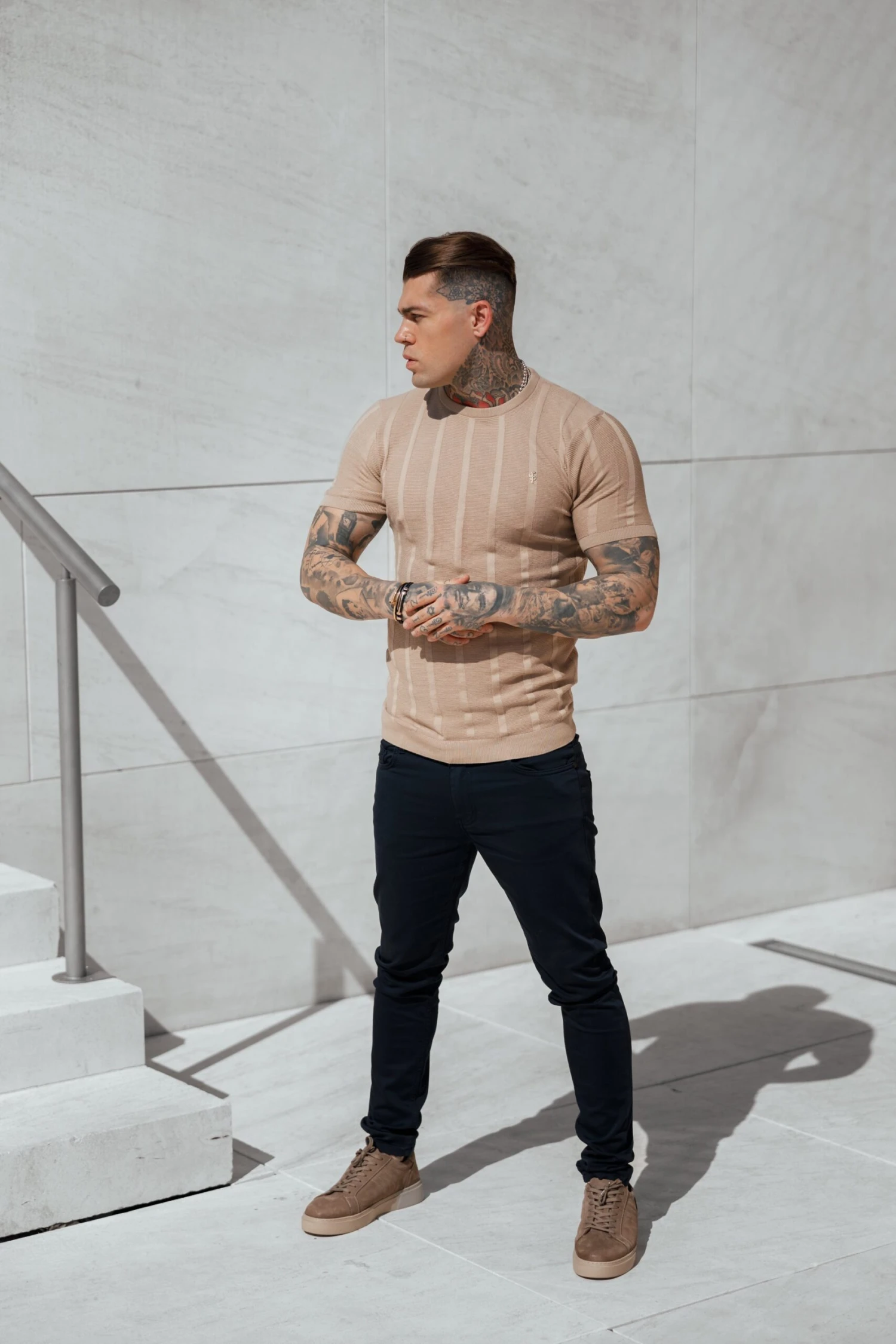 Father Sons Classic Short Sleeve Oatmeal Knitted Wide Rib Crew With Gold Emblem - FSH741 - Image 2