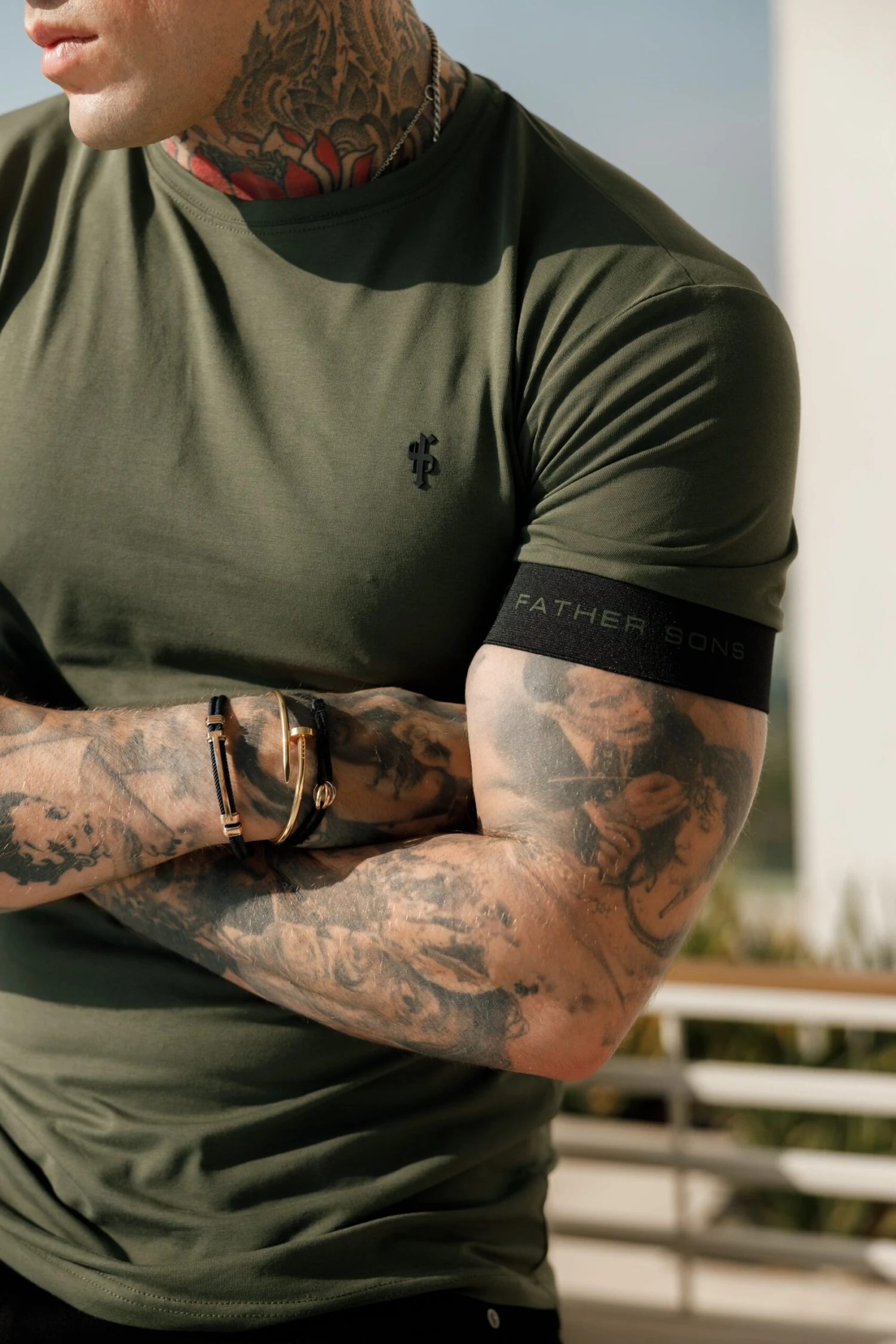 Father Sons Classic Khaki Crew T Shirt With FS Elastic Sleeve Branding - FSH781 - Image 2