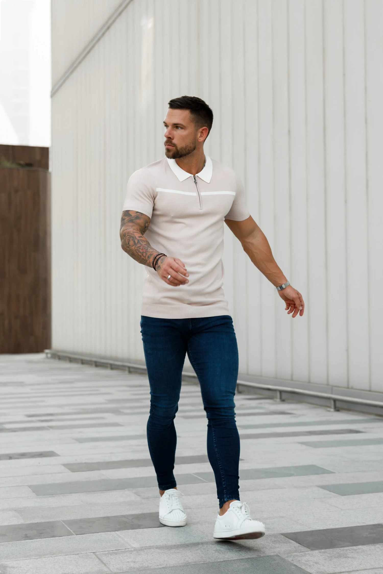 Father Sons Classic Beige / White Horizontal Stripe Zipped Polo Short Sleeve - FSN041 - Image 2