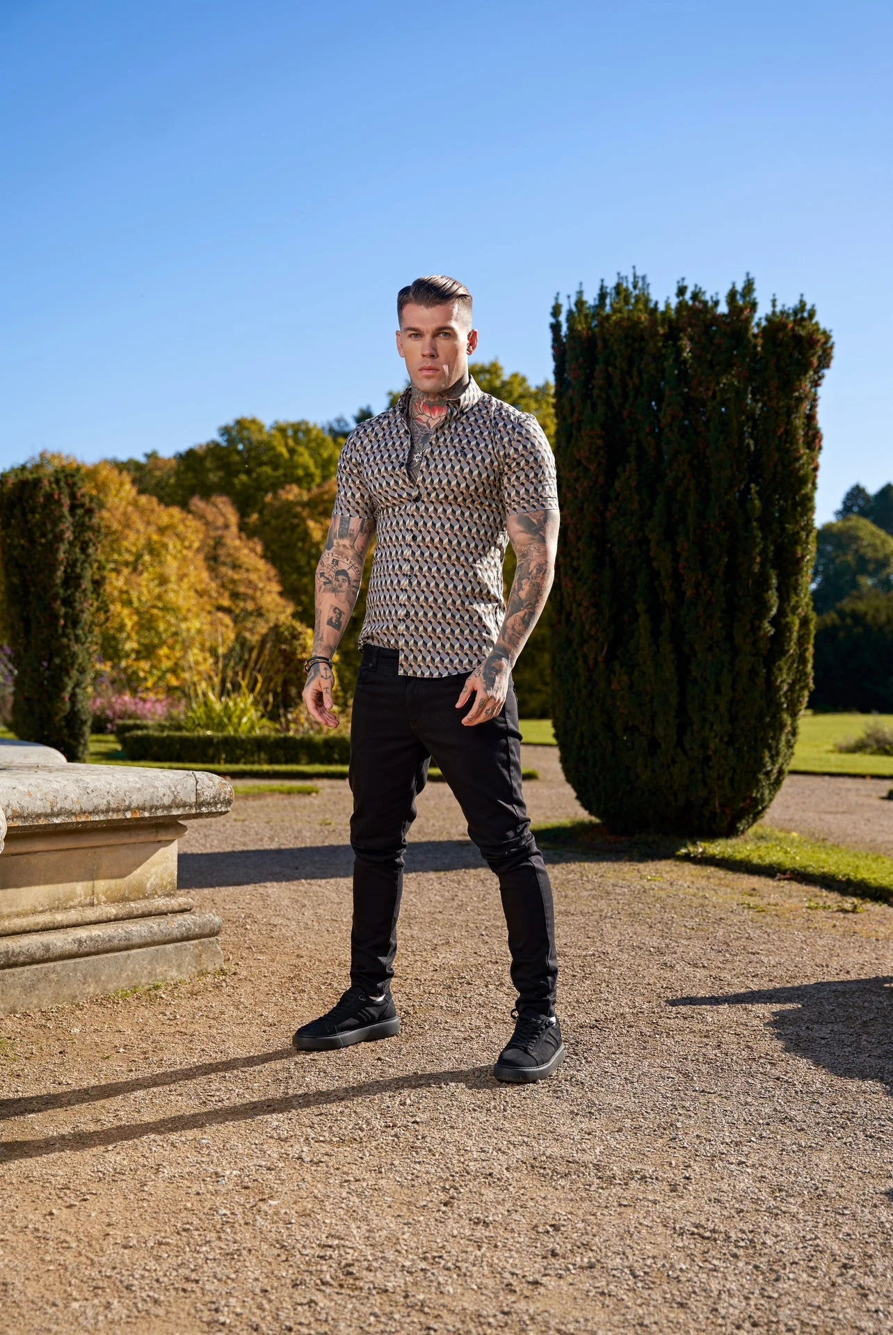 Father Sons Super Slim Stretch Grey / Beige Chevron Print Short Sleeve With Button Down Collar - FS905 - Image 6