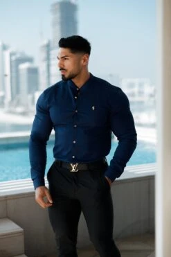 Father Sons Super Slim Stretch Navy Denim Long Sleeve Grandad Collar With Metal Buttons And Decal Emblem - FS713