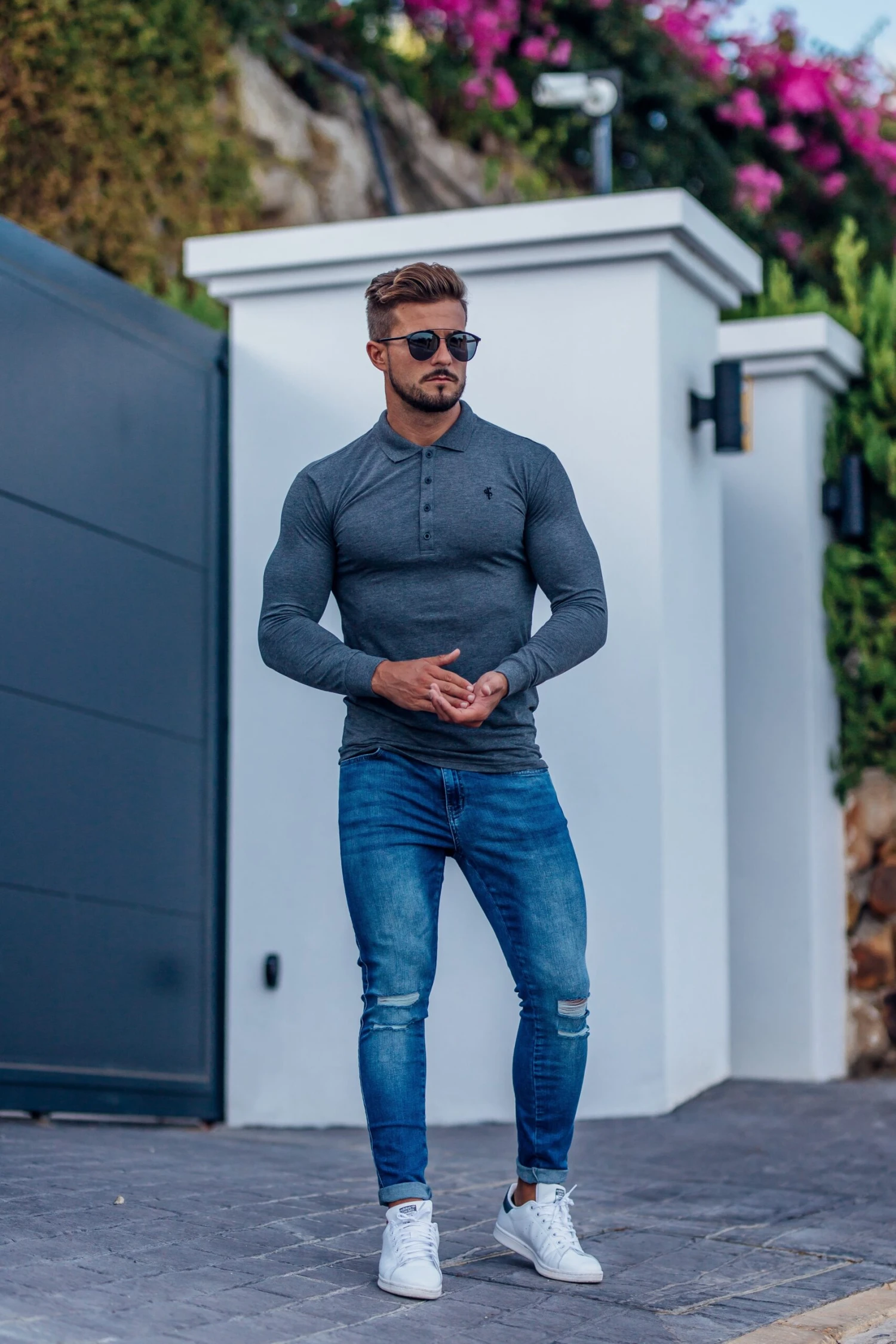 Father Sons Classic Dark Grey Long Sleeve Polo Shirt FSH037 - Image 11