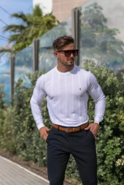 Father Sons Classic Long Sleeve White Knitted Wide Rib Crew With Gold Emblem - FSH604