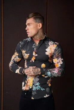Father Sons Super Slim Stretch Black Mixed Lily Floral Print Long Sleeve With Button Down Collar - FS854