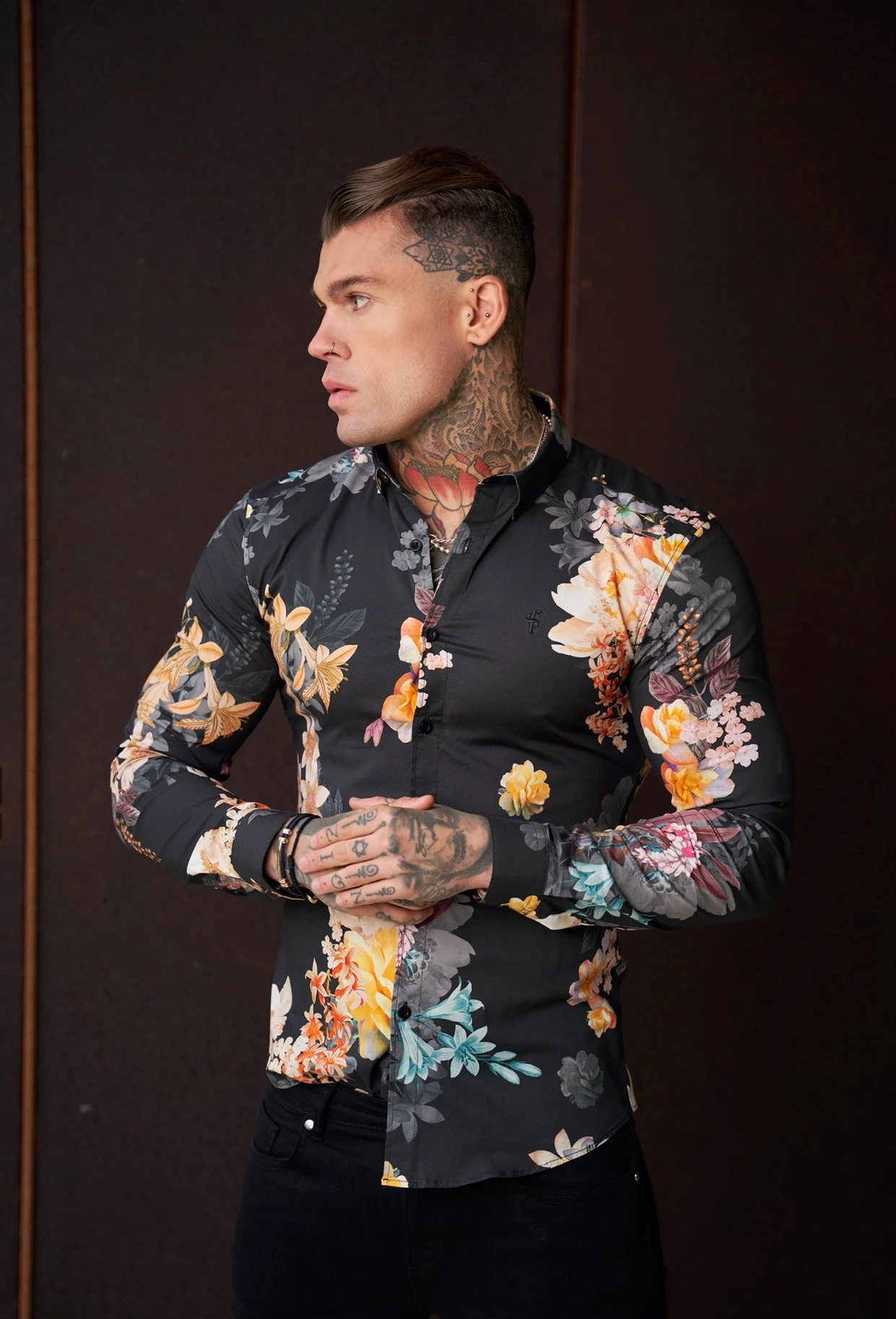 Father Sons Super Slim Stretch Black Mixed Lily Floral Print Long Sleeve With Button Down Collar - FS854