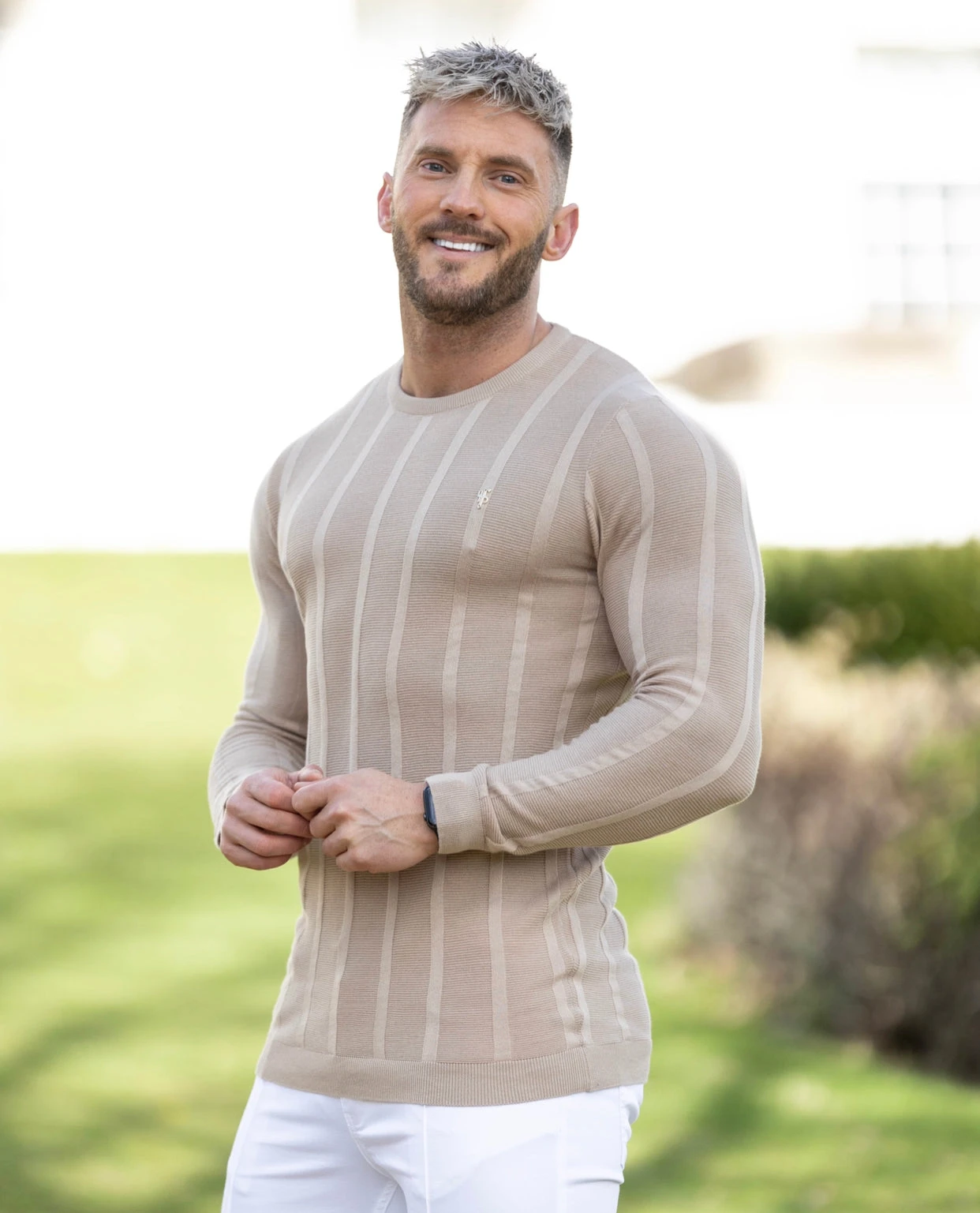 Father Sons Classic Long Sleeve Oatmeal Knitted Wide Rib Crew With Gold Emblem - FSH740