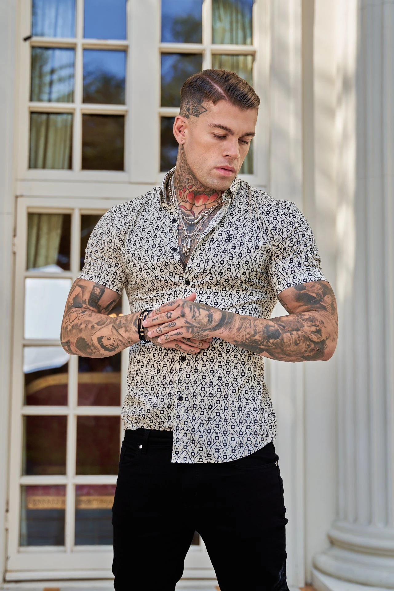 Father Sons Super Slim Stretch Ecru / Black Geo Flower Print Short Sleeve With Button Down Collar - FS788 - Image 10