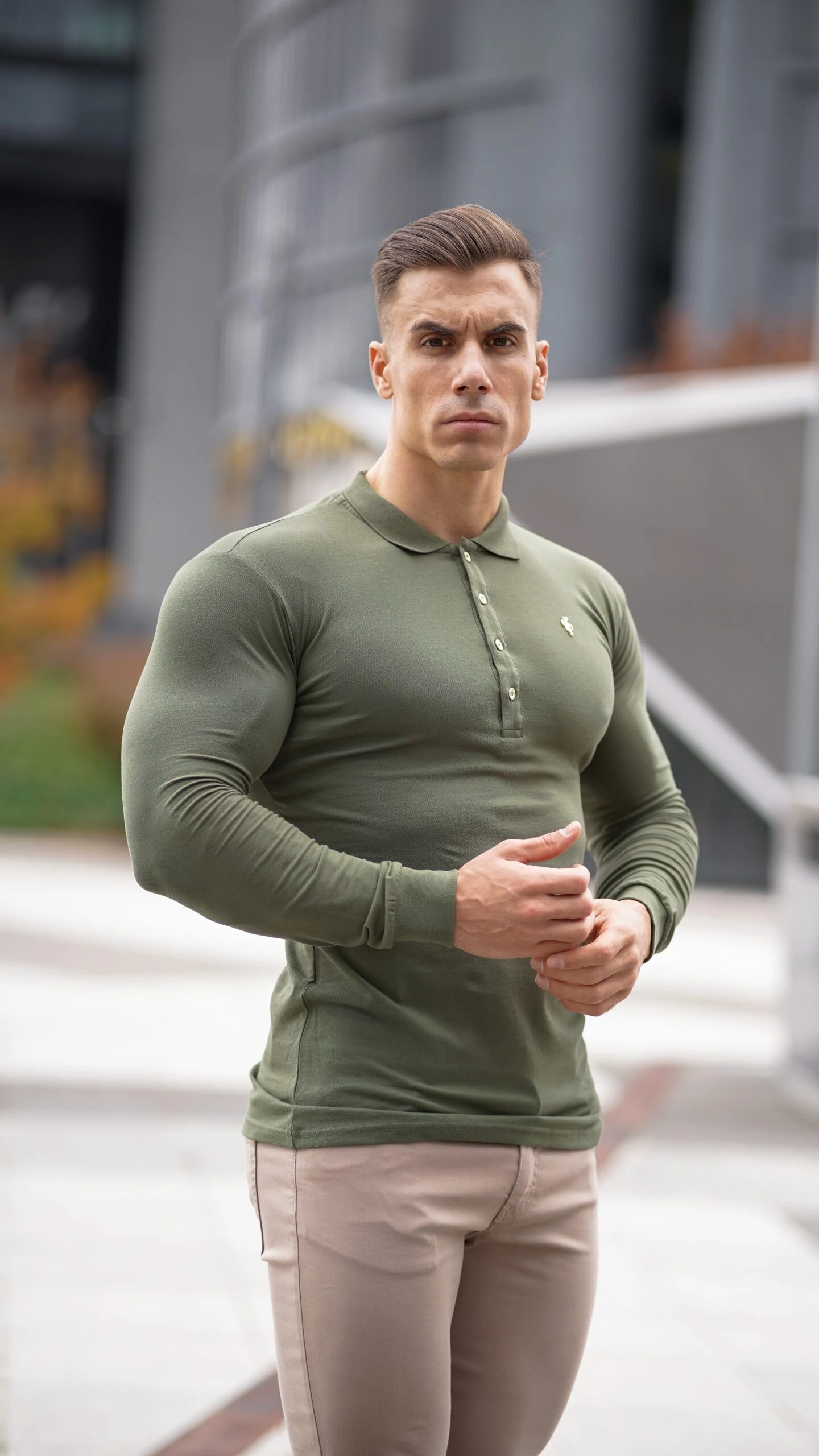 Father Sons Classic Khaki Long Sleeve Polo Shirt With Gold Metal Emblem Decal & Buttons - FSH513 - Image 5