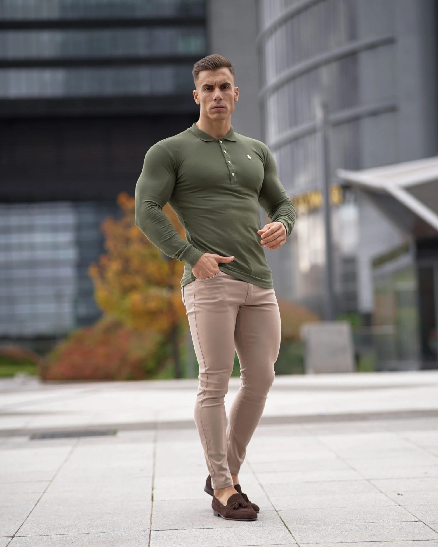 Father Sons Classic Khaki Long Sleeve Polo Shirt With Gold Metal Emblem Decal & Buttons - FSH513 - Image 7