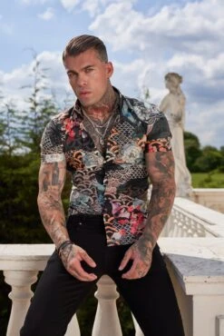 Father Sons Super Slim Stretch Multi Oriental Print Short Sleeve With Button Down Collar - FS766