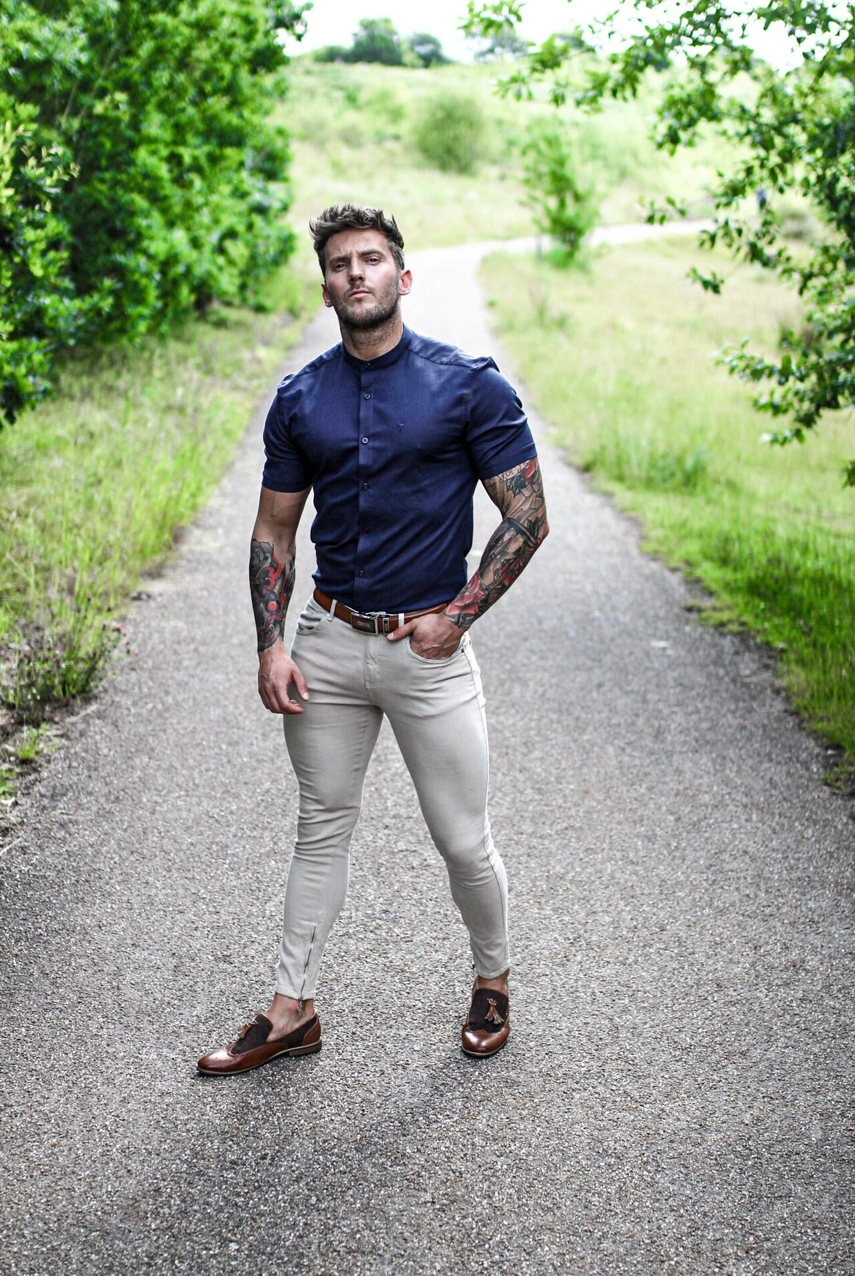 Father Sons Super Slim Stretch Grandad Collar Short Sleeve Classic Navy Oxford - FS584 - Image 7