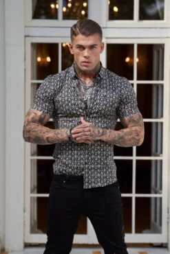 Father Sons Super Slim Stretch Black And Ecru Geo Flower Print Short Sleeve With Button Down Collar - FS787